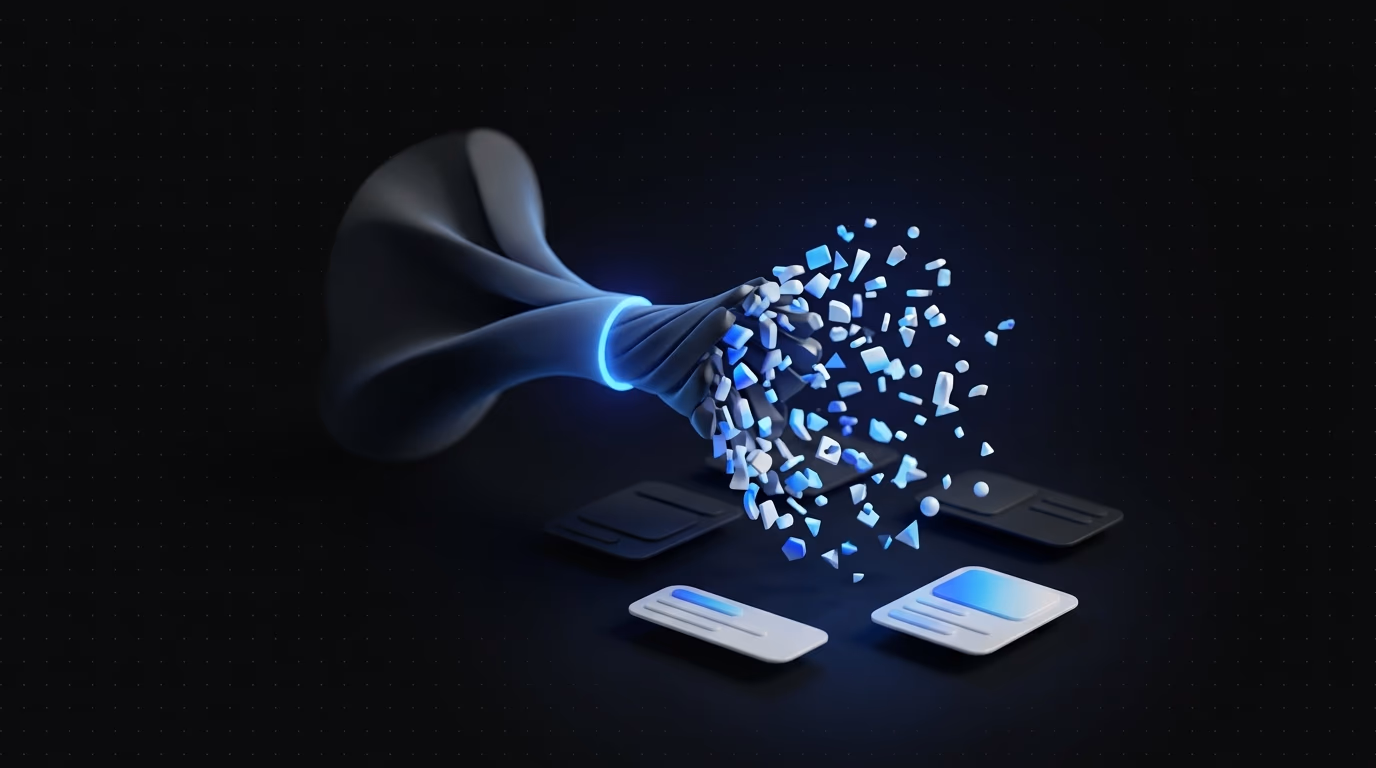 Abstract visualization of a bottleneck being broken by a stream of data