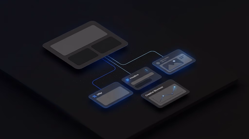 abstract visualization of a landing page transforming into multiple ad variations