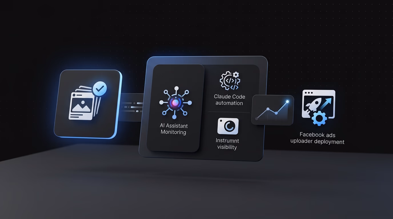Facebook ad creative workflow showing requests, approvals, QA, automation, and launch stages