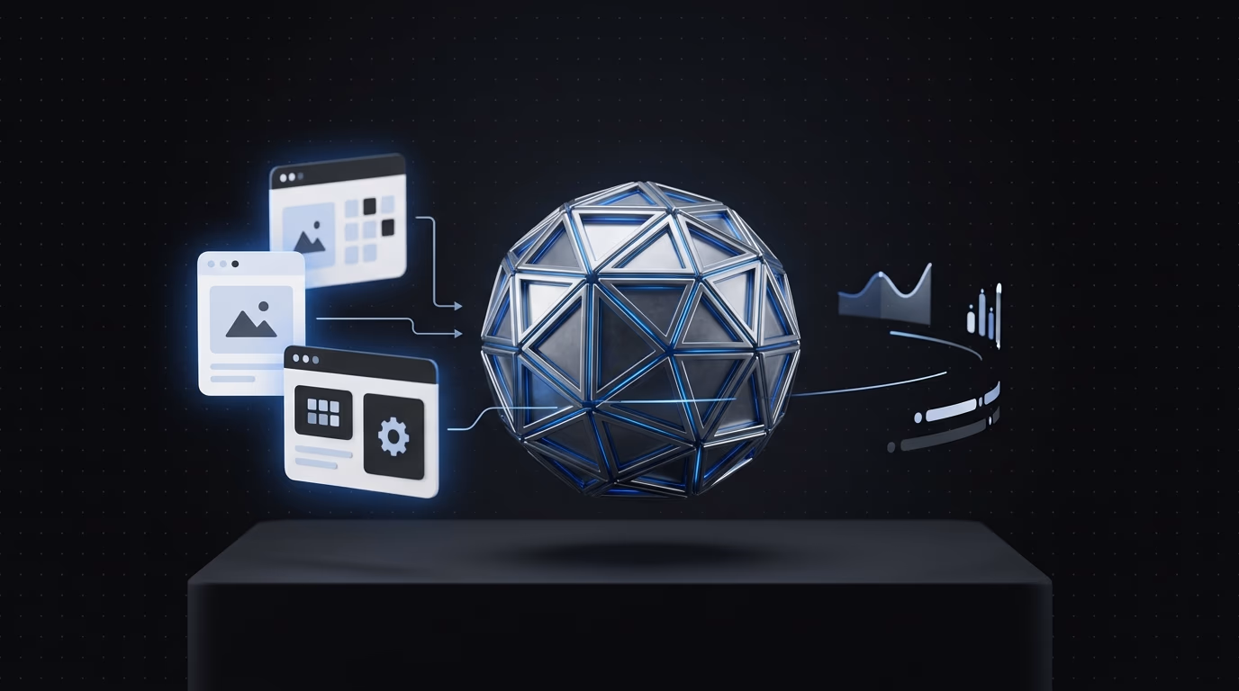 Une forme géométrique métallique élégante représentant un flux de données structurées.