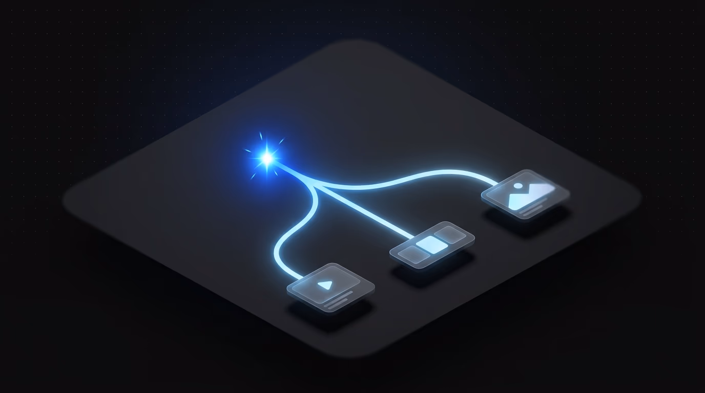 single spark splitting into multiple creative directions representing ad variation expansion