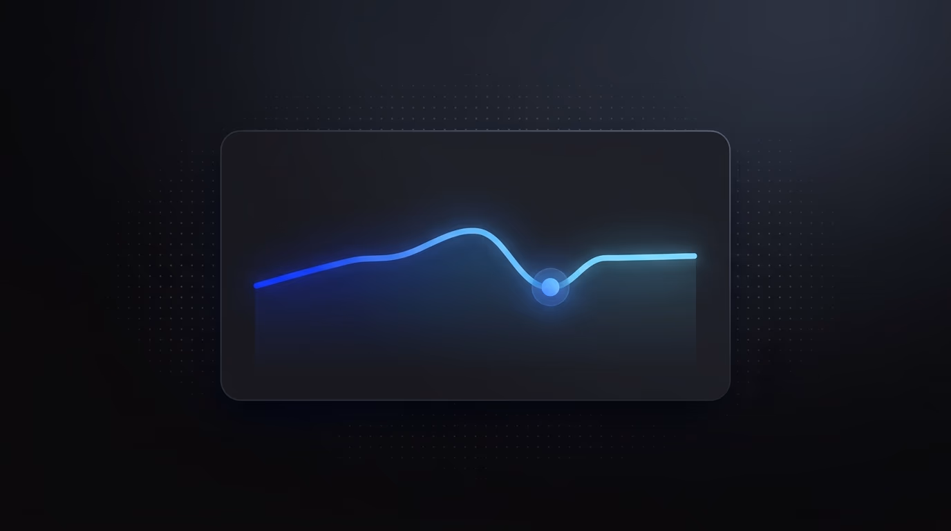 Single glowing performance trend line on dark background showing delayed reporting visibility