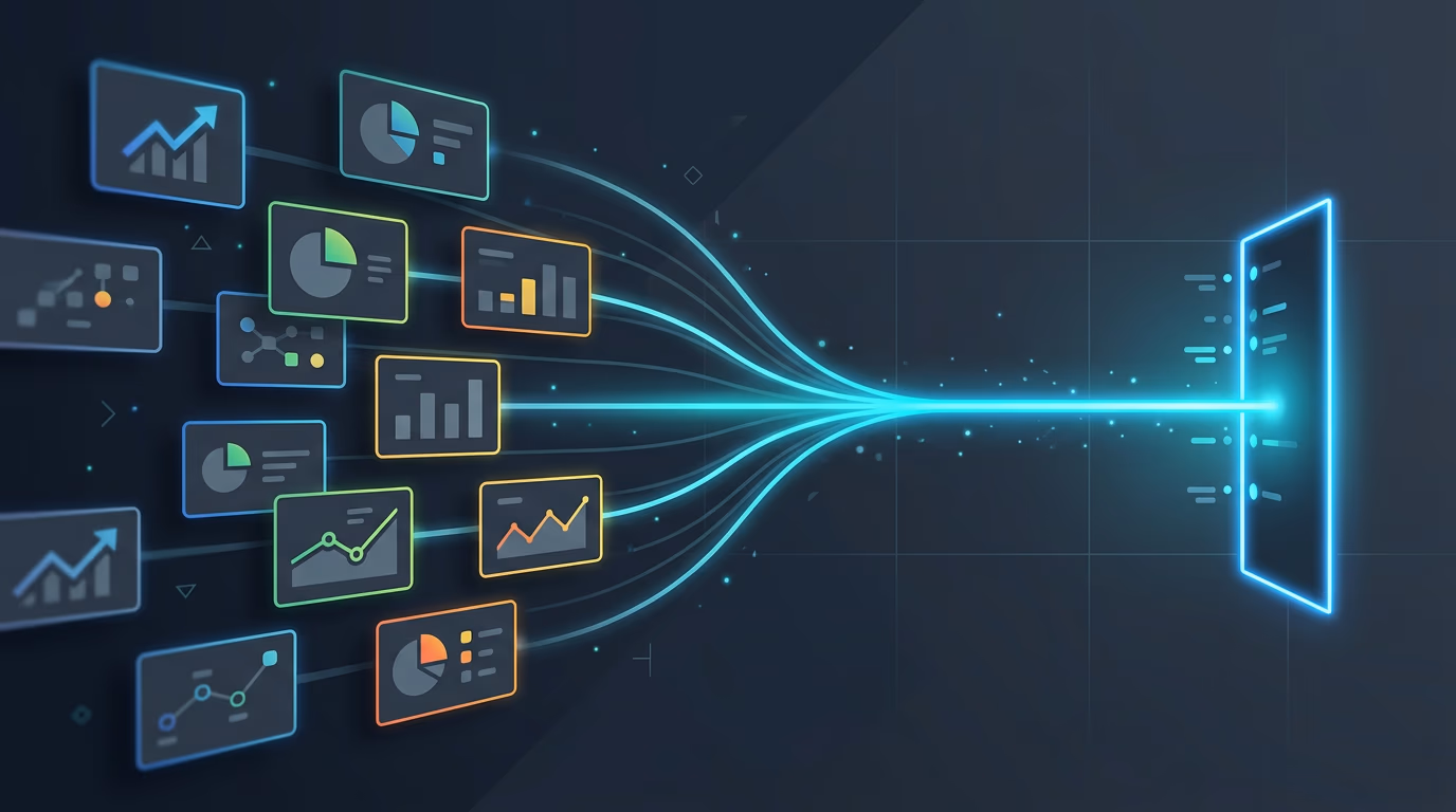Visualisation abstraite de systèmes de reporting déconnectés fusionnant vers un flux analytique unifié