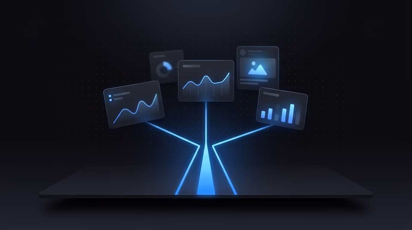 Abstract collapsing dashboard charts turning into a single performance signal