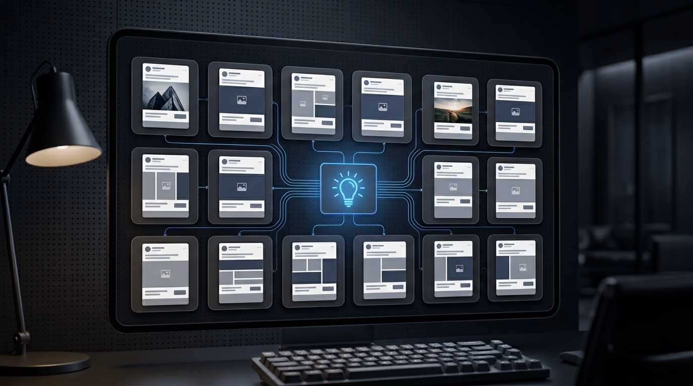 Une idée créative se ramifiant en plusieurs variations de publicités sur un écran d'ordinateur