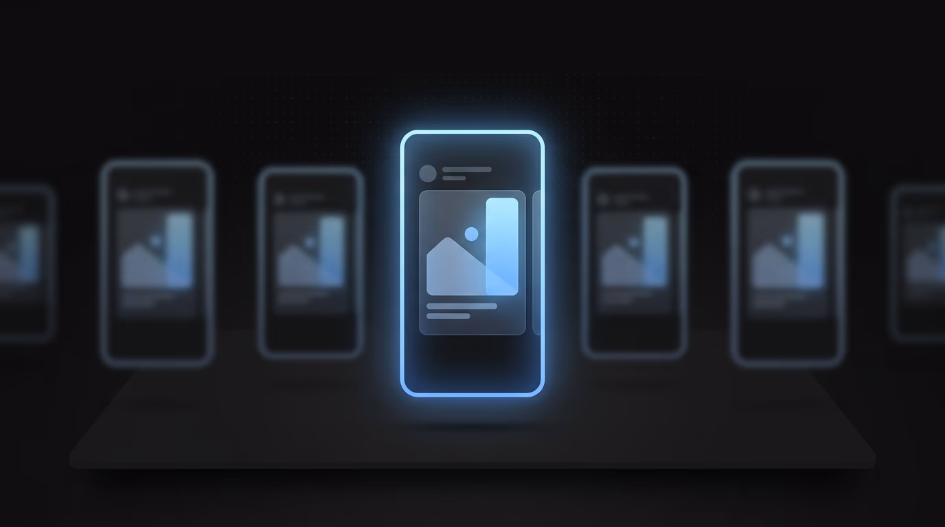 Abstract visualization of repetitive social ads fading into one standout vertical creative