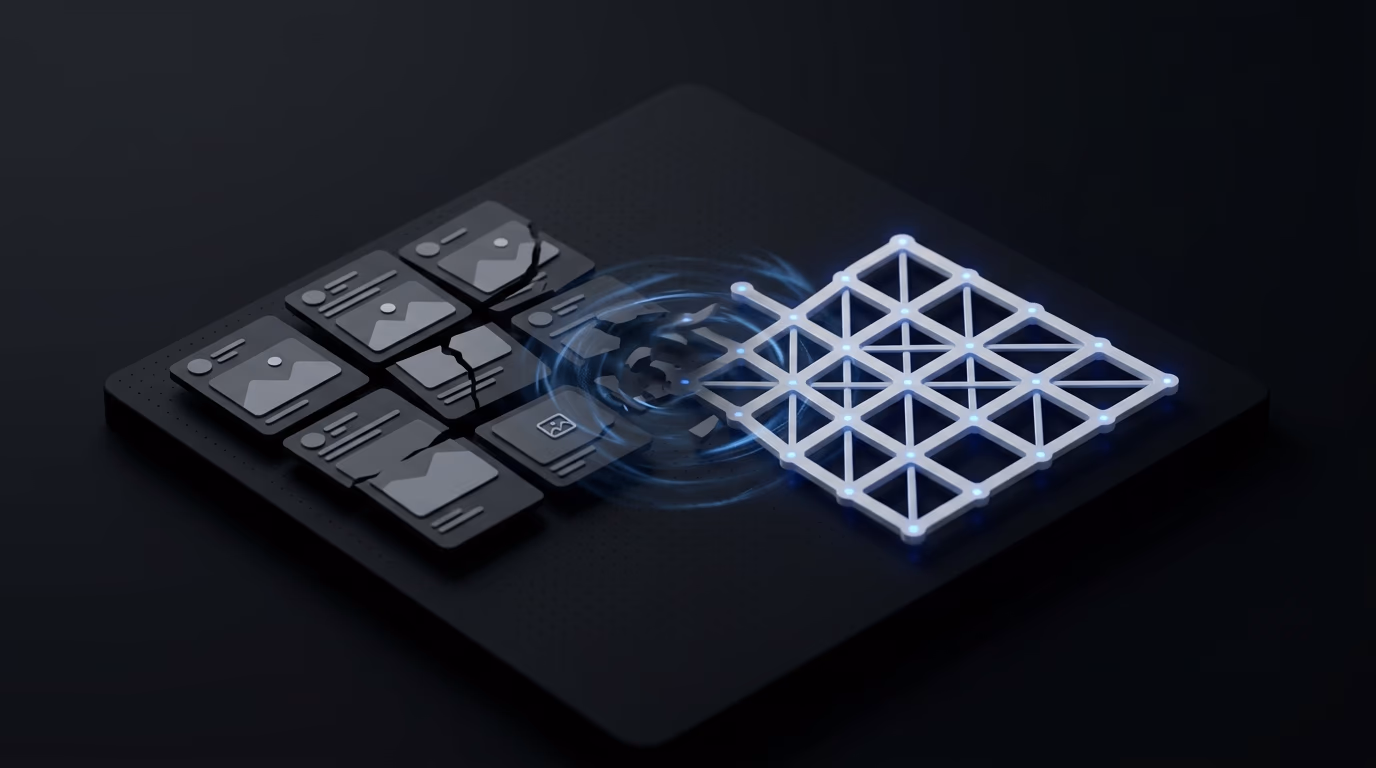 Fragmented ad creatives dissolving into structured insight system