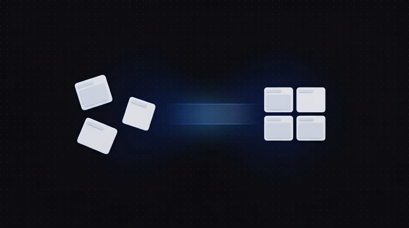 visualisation abstraite de créations publicitaires éparpillées se transformant en insights structurés