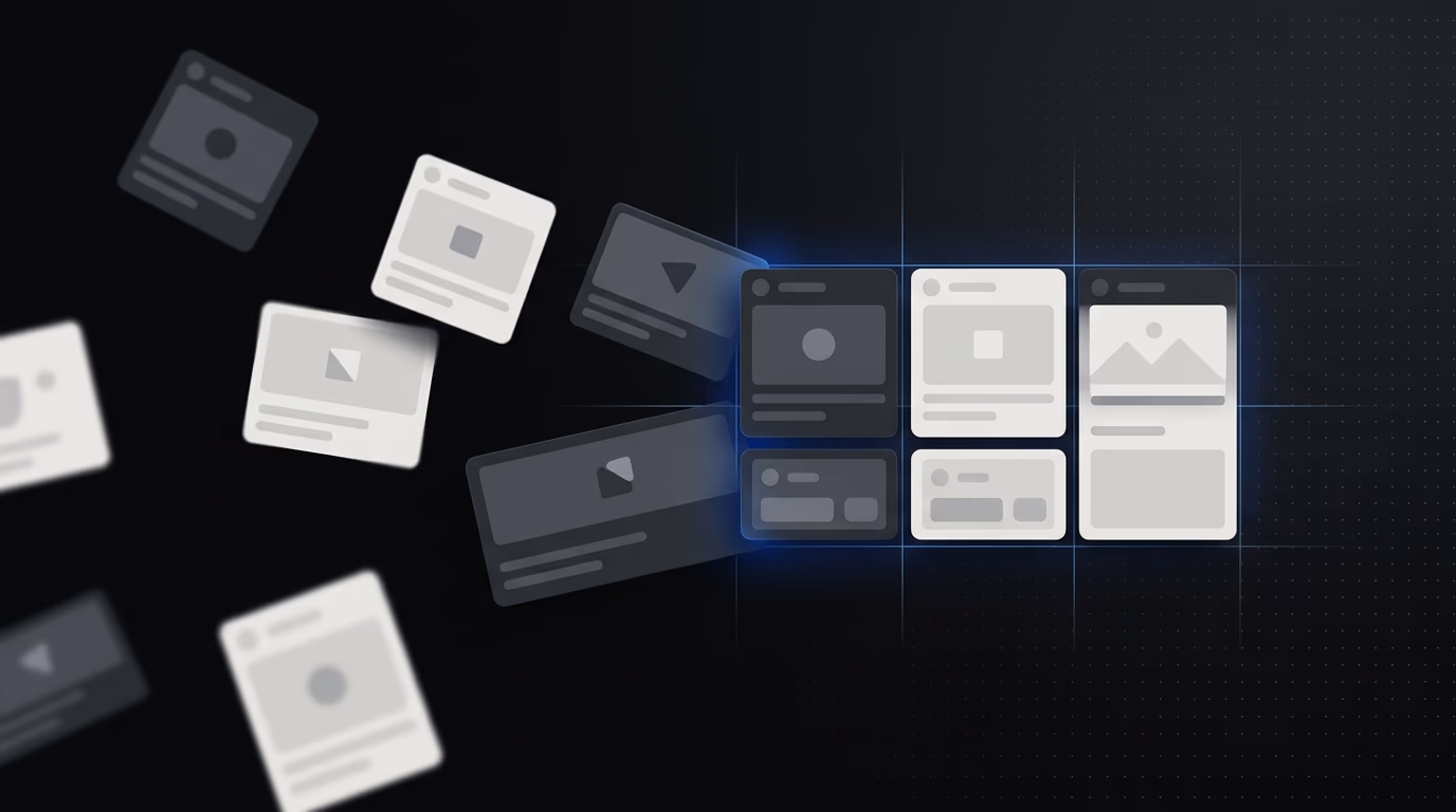 Fragmented competitor ad data turning into organized creative patterns