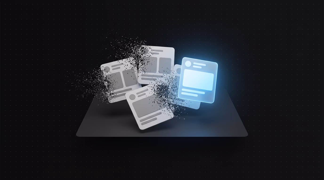 Rangées de cartes publicitaires identiques se dissolvant dans un bruit visuel