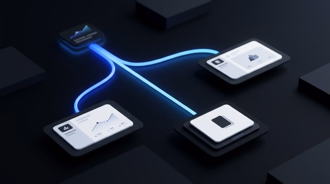 Trois chemins de workflow divergent représentant les plateformes d'automatisation publicitaire