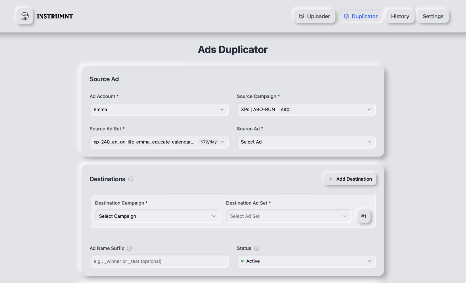 Instrumnt ads duplicator interface showing bulk ad duplication across campaigns